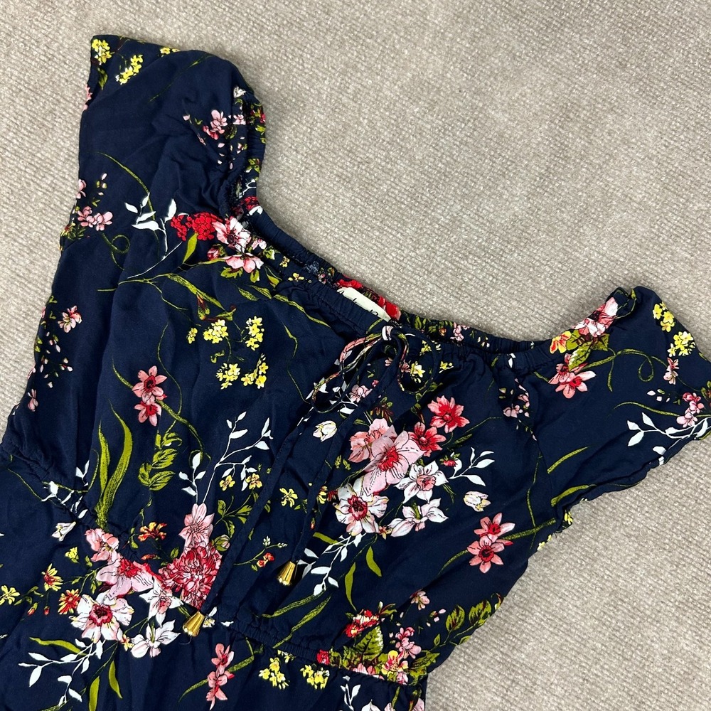Indigo Rose Mini Dress Womens Large Petite Navy Rayon Floral Off The Shoulder